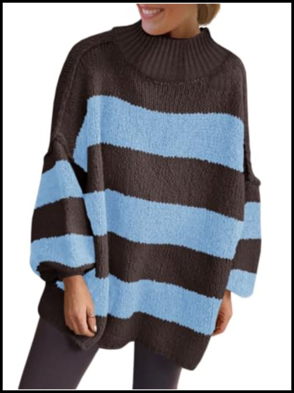 Oversized Striped Chunky Sweater Mock Neck Long Sleeve Polyester Knit Pullover
